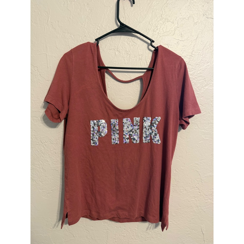 Victoria's Secret PINK Sequin Logo Strappy Open Back T-Shirt Mauve Large
